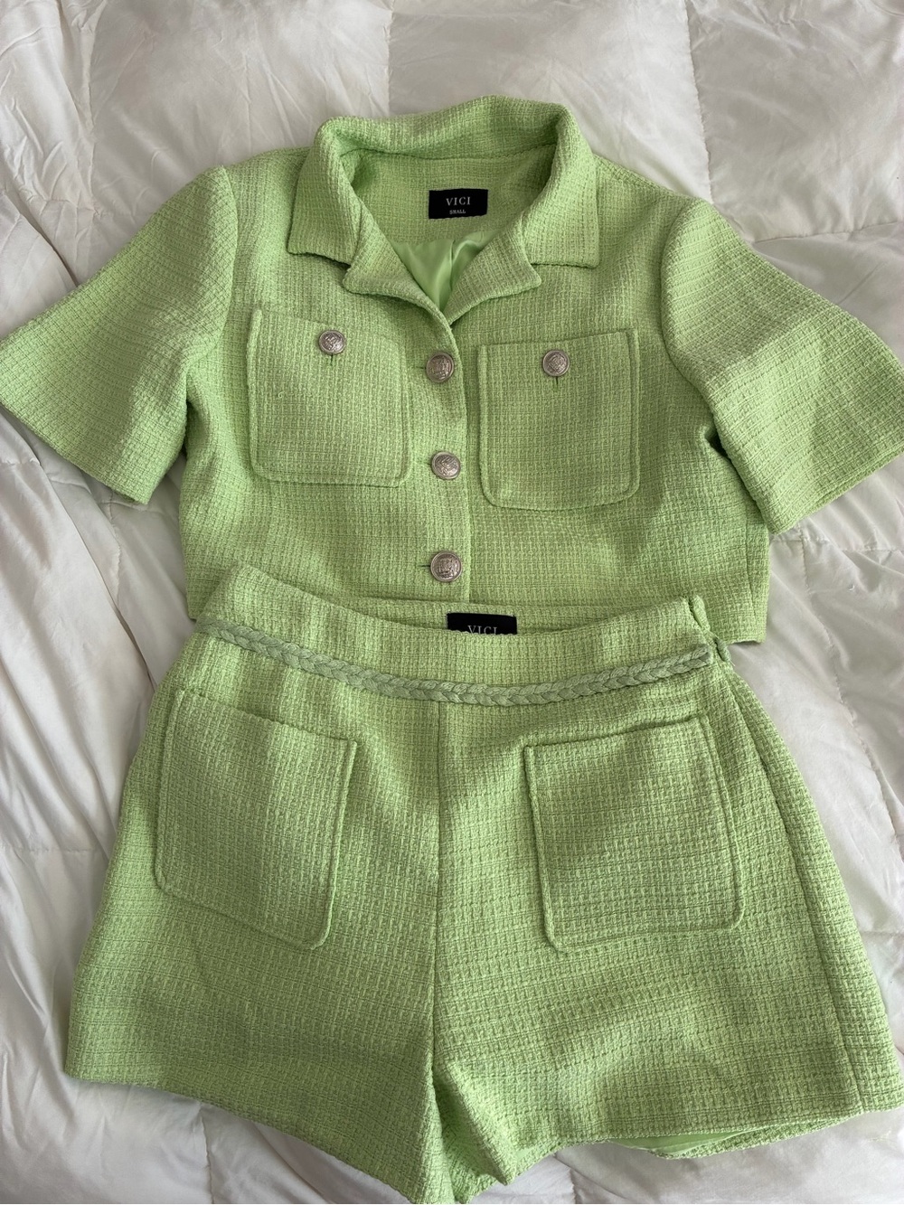 Vici Lime Green Tweed Two-Piece Set - Cropped Jacket & High-Waist Shorts